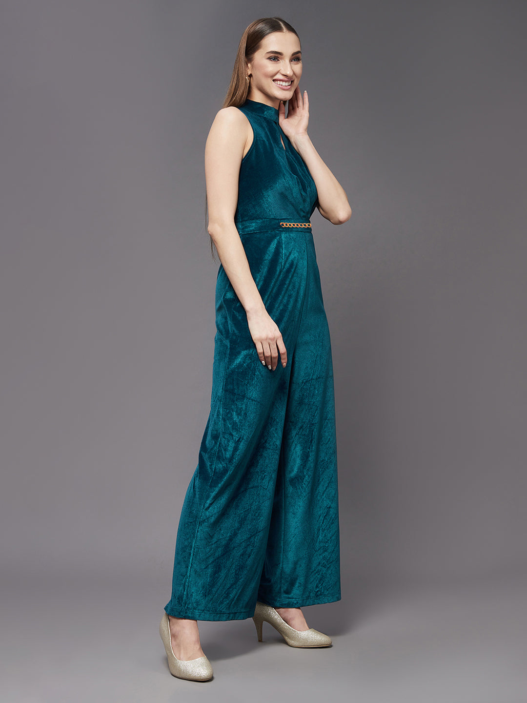 Crease Ease Teal Choker Neck Sleeveless Solid Pleated Regular Jumpsuit for Women — Miss Chase