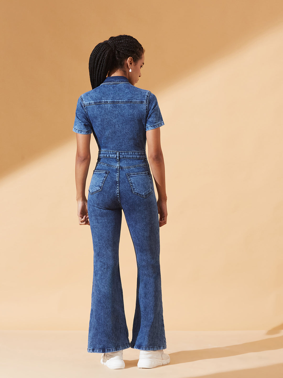 Black Flared High-Rise Stretchable Denim Jumpsuit for Women