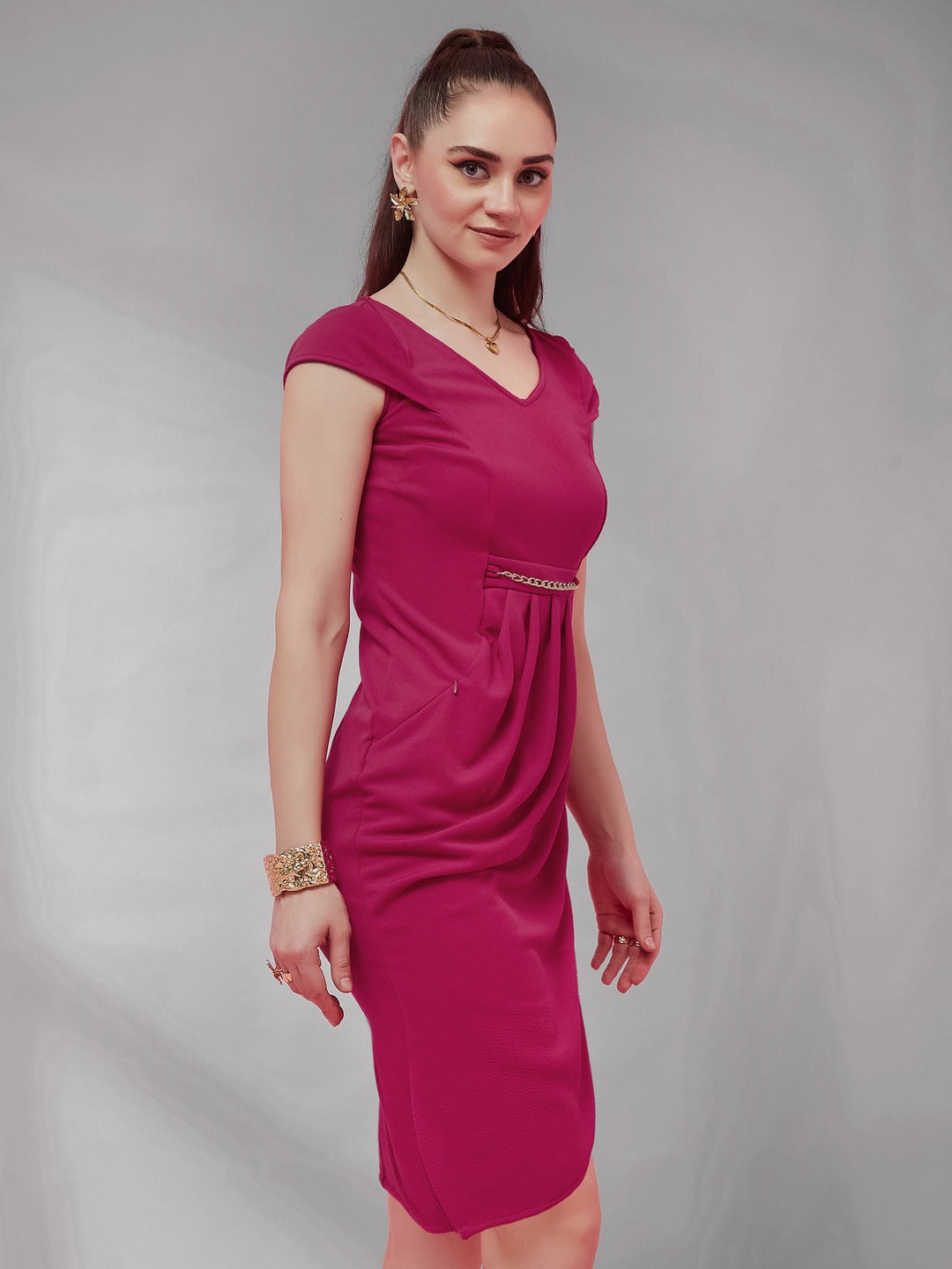 Pink Solid V Neck Cap Sleeves Polyester Side Pocketed Knee Long Dress for Women
