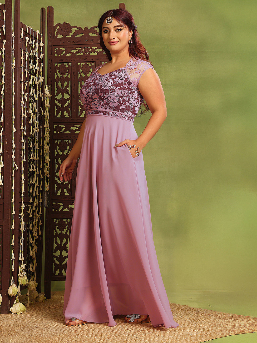 Women's Lavender & Wine V-Neck Cap-Sleeves Floral Lace Fit & Flare Maxi Dress