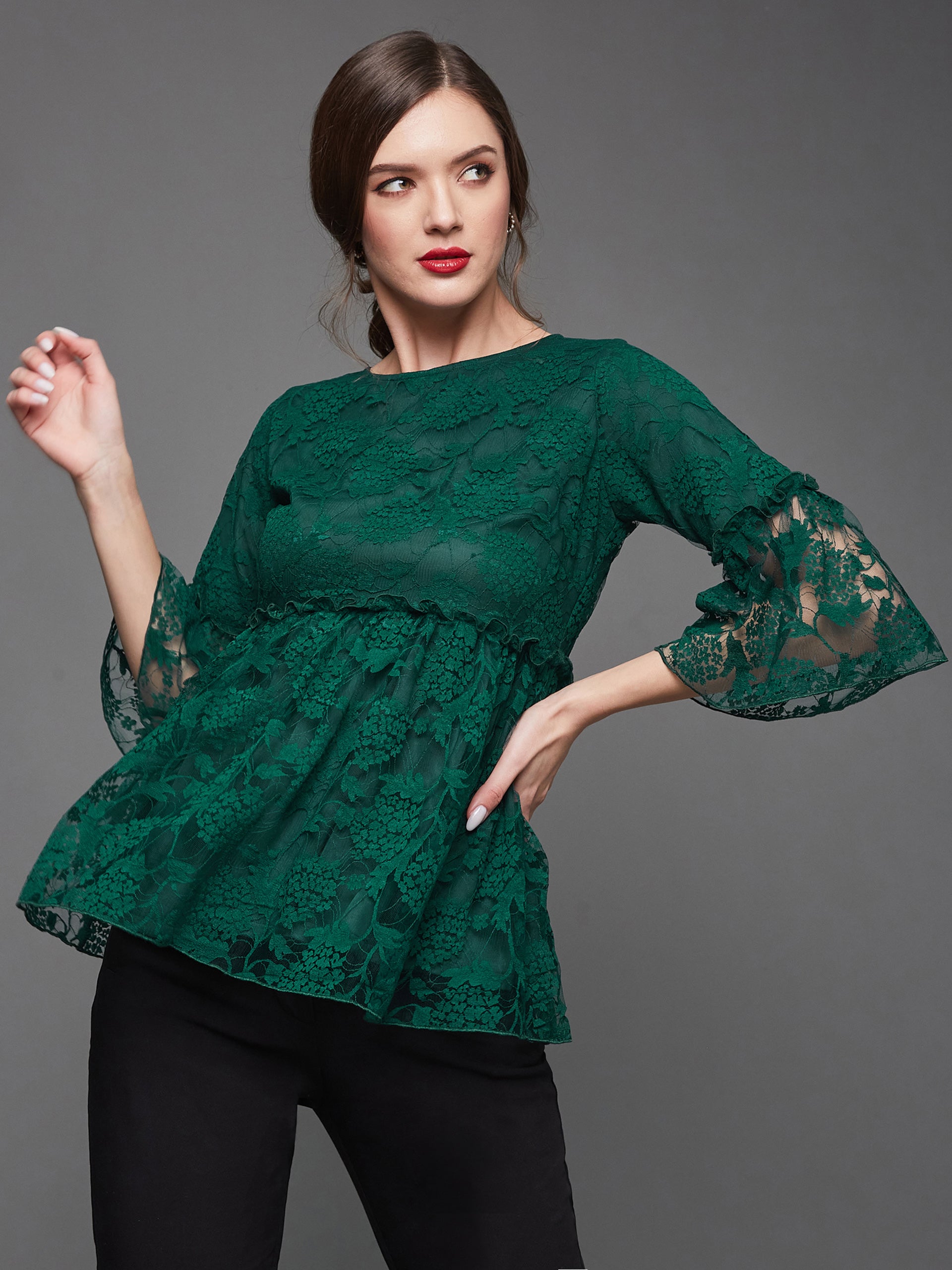 Women's Forest Green Relaxed Fit Regular Lace Top