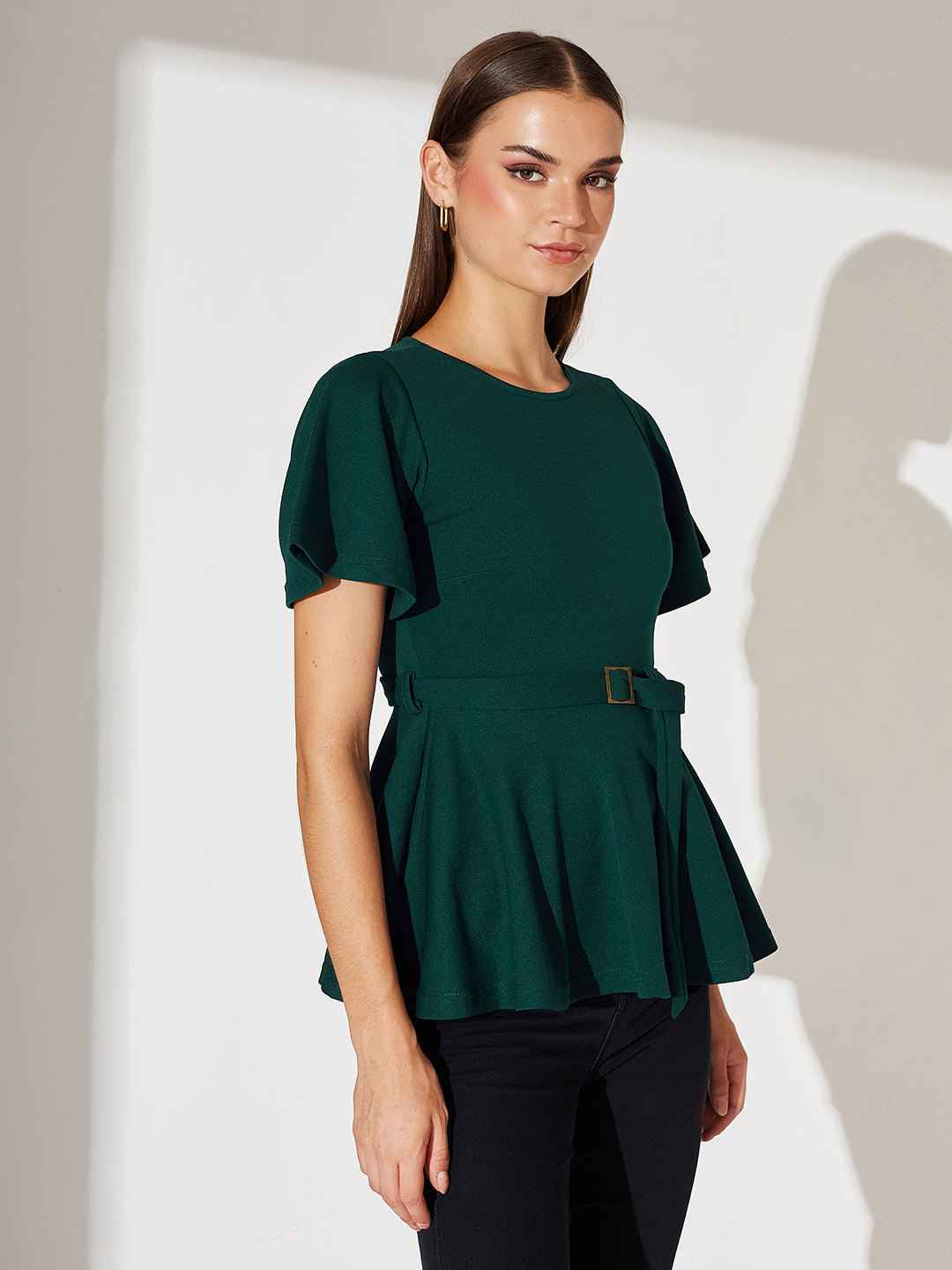 Green Solid Polyester Slim Fit Round Neck Short Sleeve Regular Length Top  for Women — Miss Chase