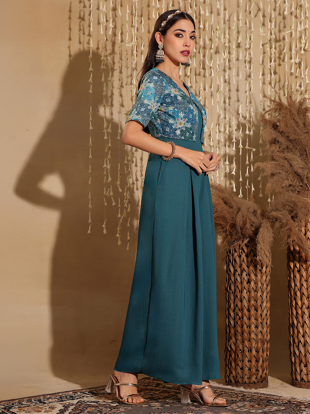 Women's Dusty Turquoise V Neck Half Sleeve Pleated Polyester Regular-Length Solid Jumpsuit