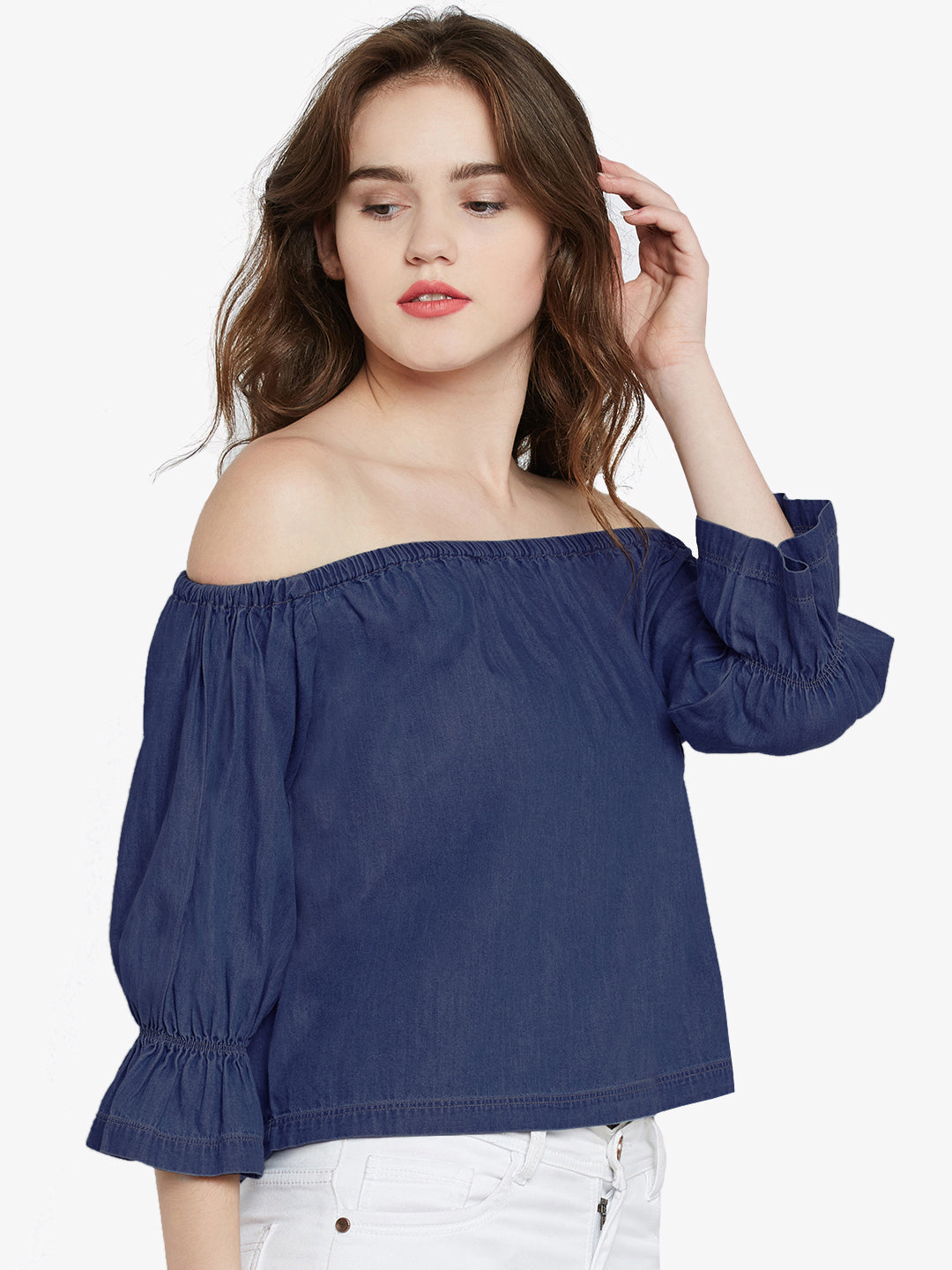 Women's Blue Denim Off-shoulder Gathered 3/4 Sleeve Solid Bardot Top