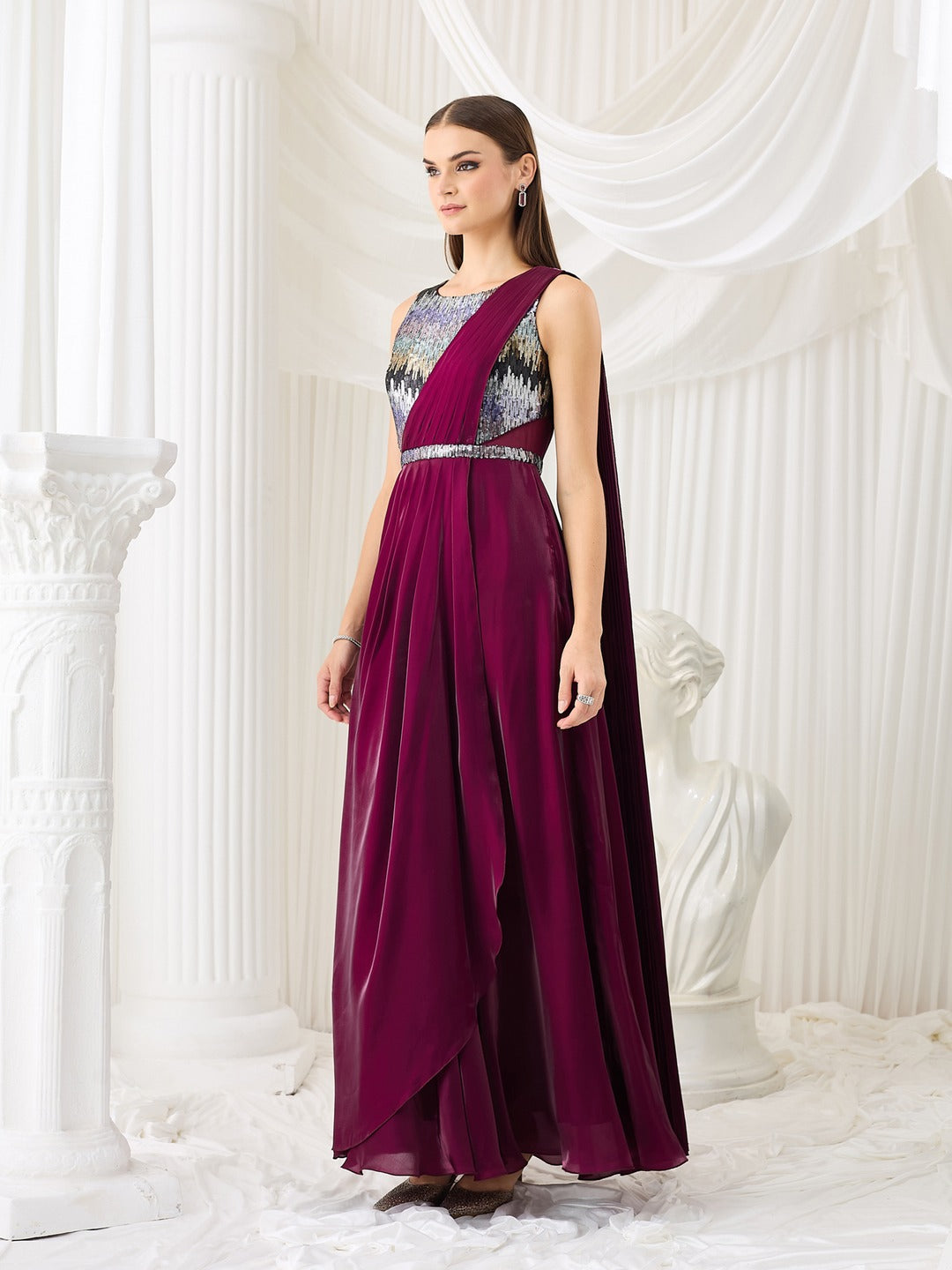 Round Neck Gown in Dark Purple with Embellished Satin Layers for Women