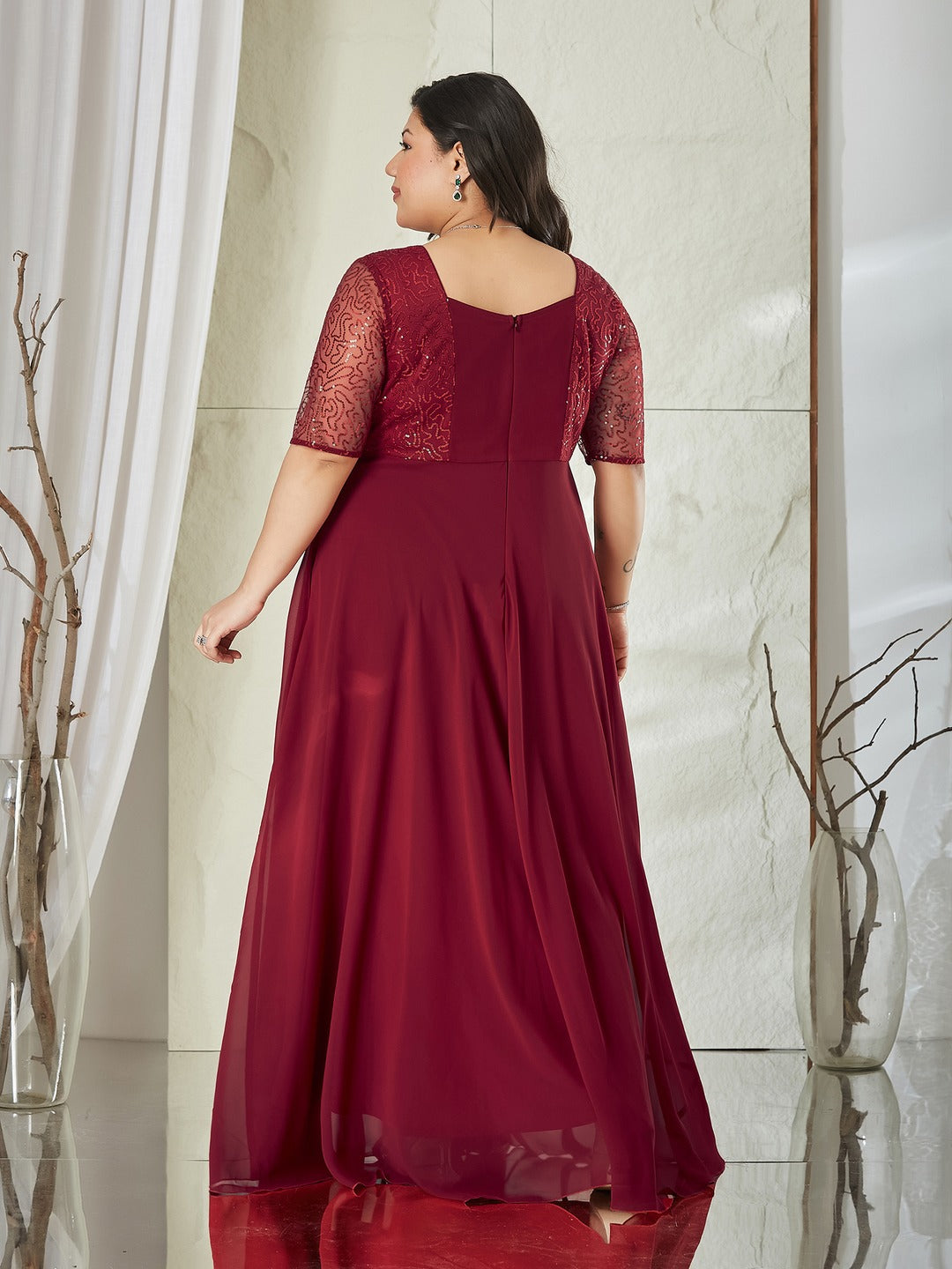 Maroon Square Neck Half Sleeve Solid Embellished Maxi Dress for Women