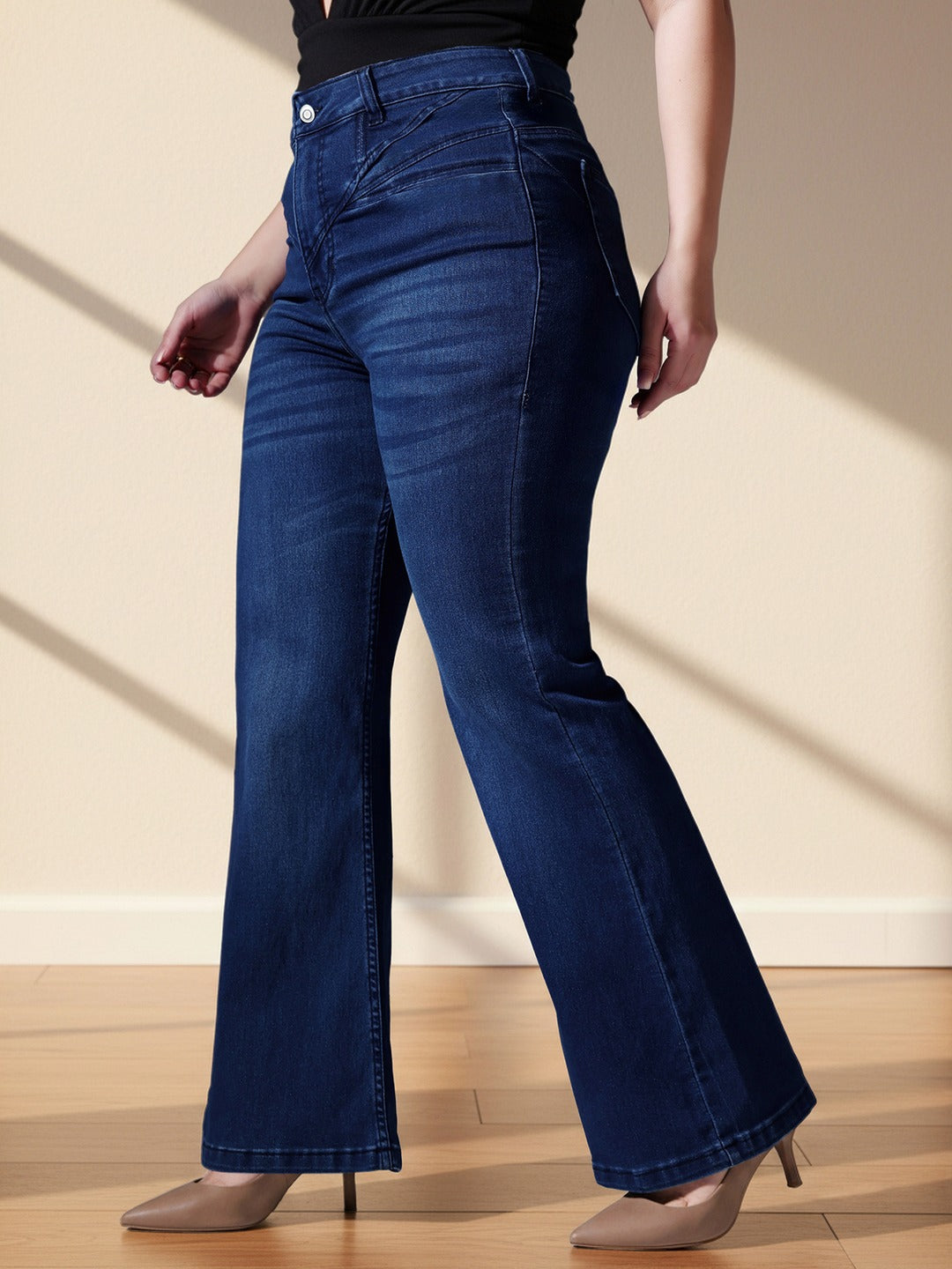 Mid Blue Wide-Leg High-Rise Stretchable Denim Jeans for Women