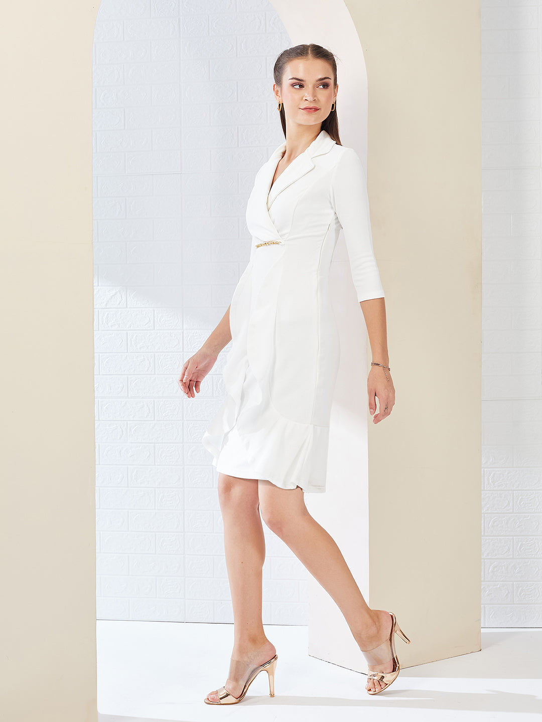 Off White Solid Double Breasted Knee Length Dress for Women