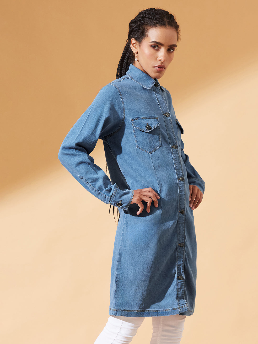 Blue Polo Neck Full Sleeves Denim Knee-Long Shrug for Women