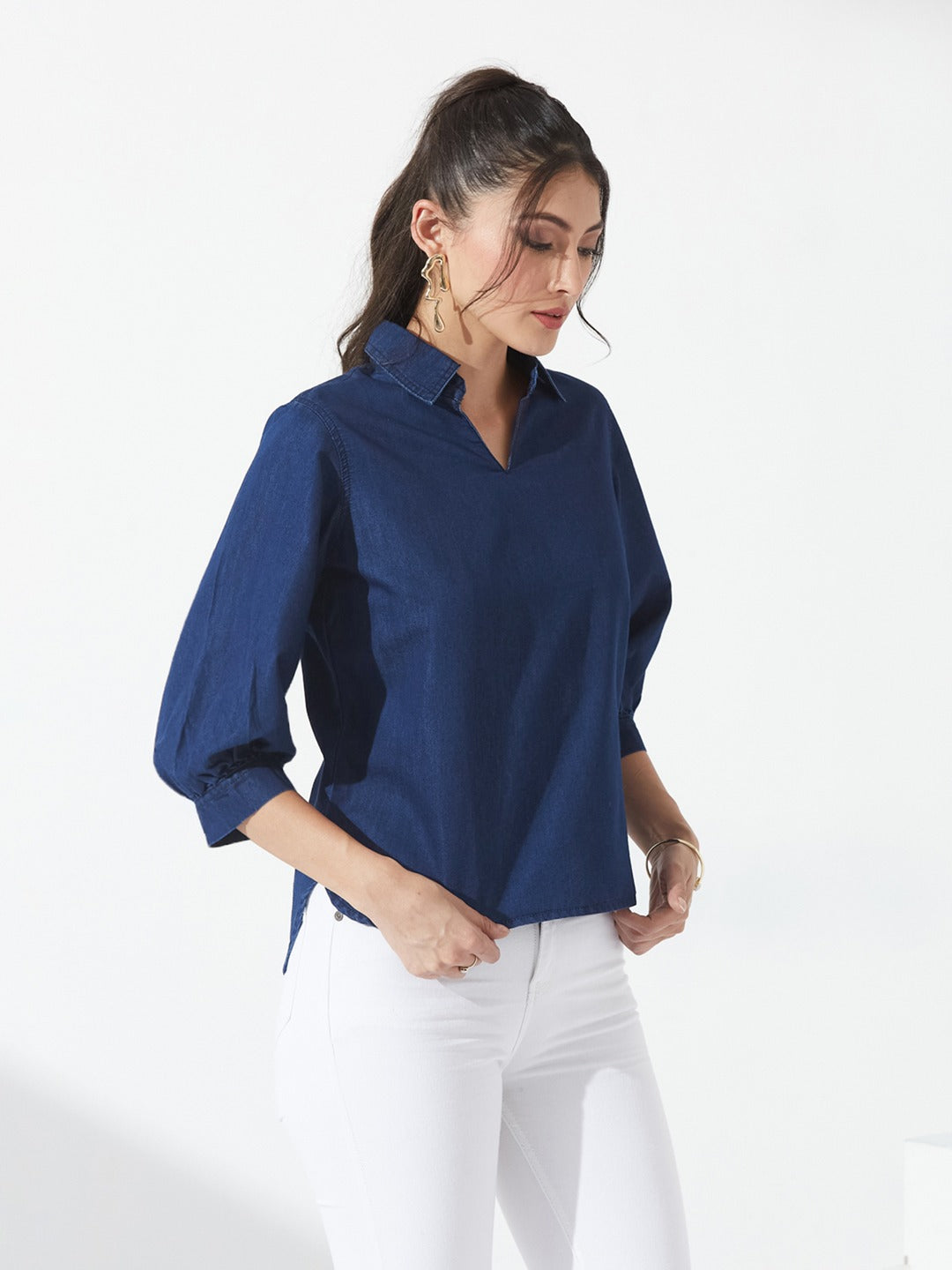Dark Blue Collar-Neck Puff-Sleeve Solid-Colored Light Weight Denim Tunic Top for Women