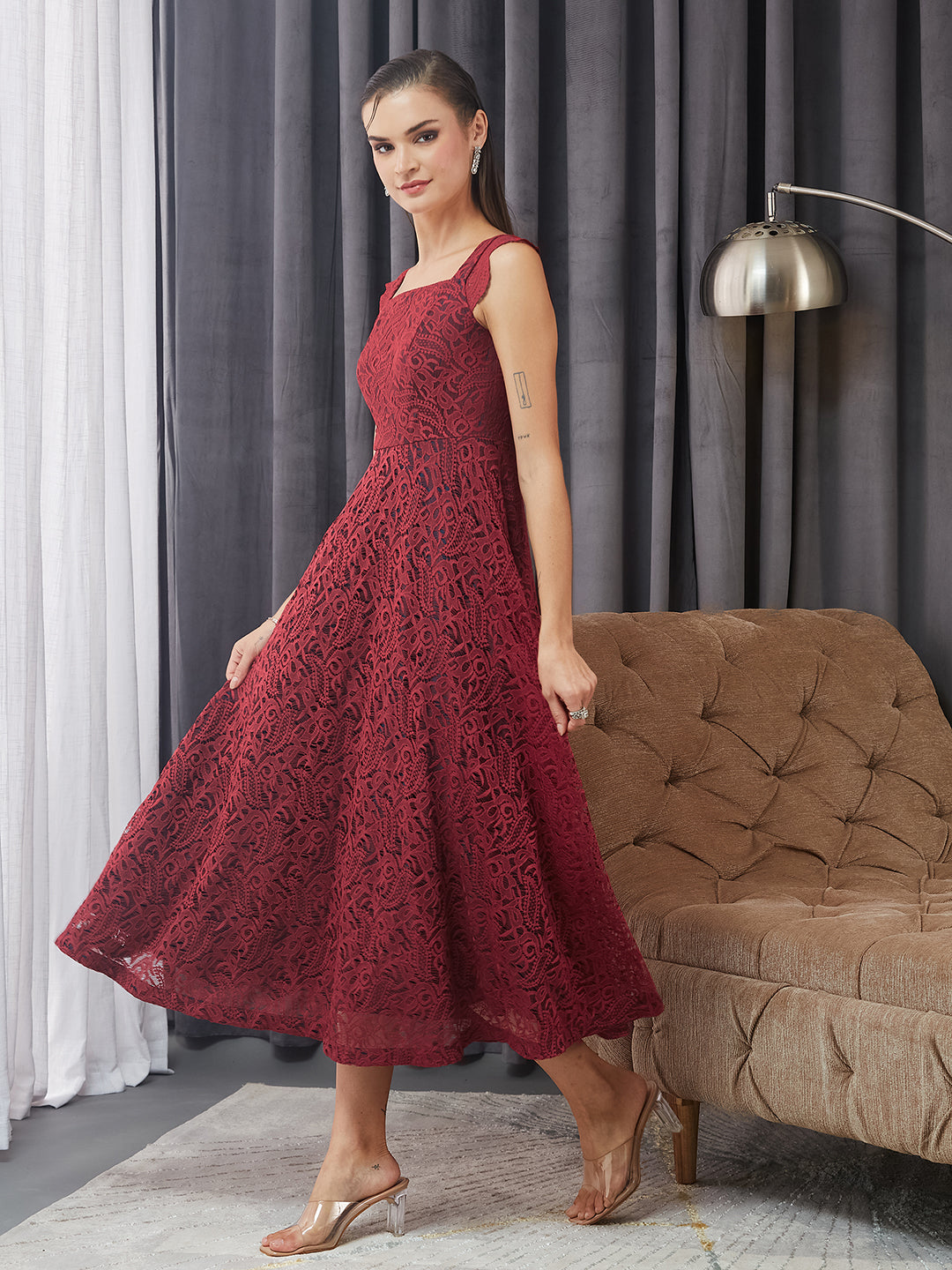 Maroon Square Neck Sleeveless Self-Designed Ruffled Midi Lace Dress for Women — Miss Chase