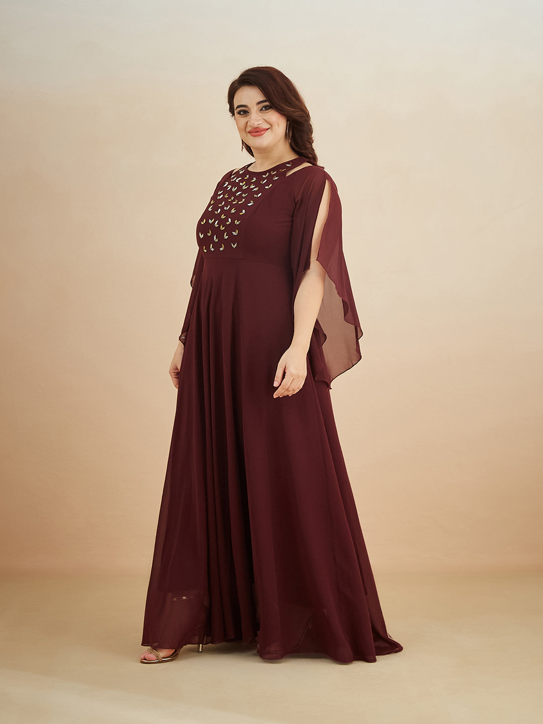 Wine Solid Relaxed Fit Round Neck Flared Sleeve Maxi Dress for Women — Miss Chase A+