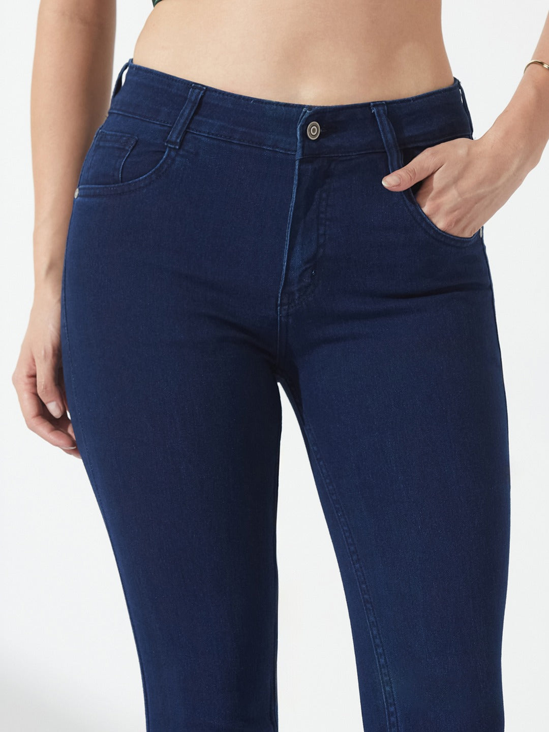 Navy Blue Skinny Fit Mid Rise Cropped Length Side Slit Denim Stretchable Jeans for Women