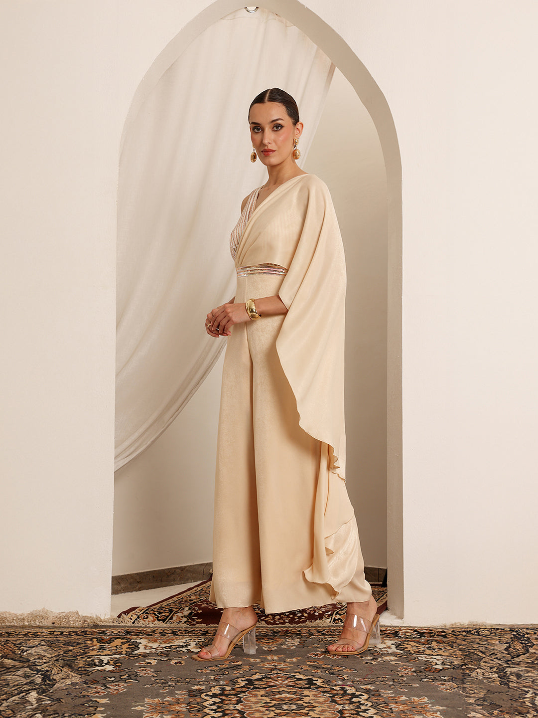 Bose Ivory Embellished Pleated Satin Jumpsuit
