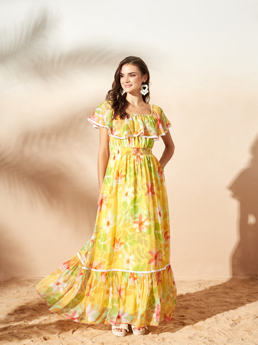 Butter Yellow Square Neck Cape Floral Tiered Maxi Chiffon Dress for Women — Miss Chase