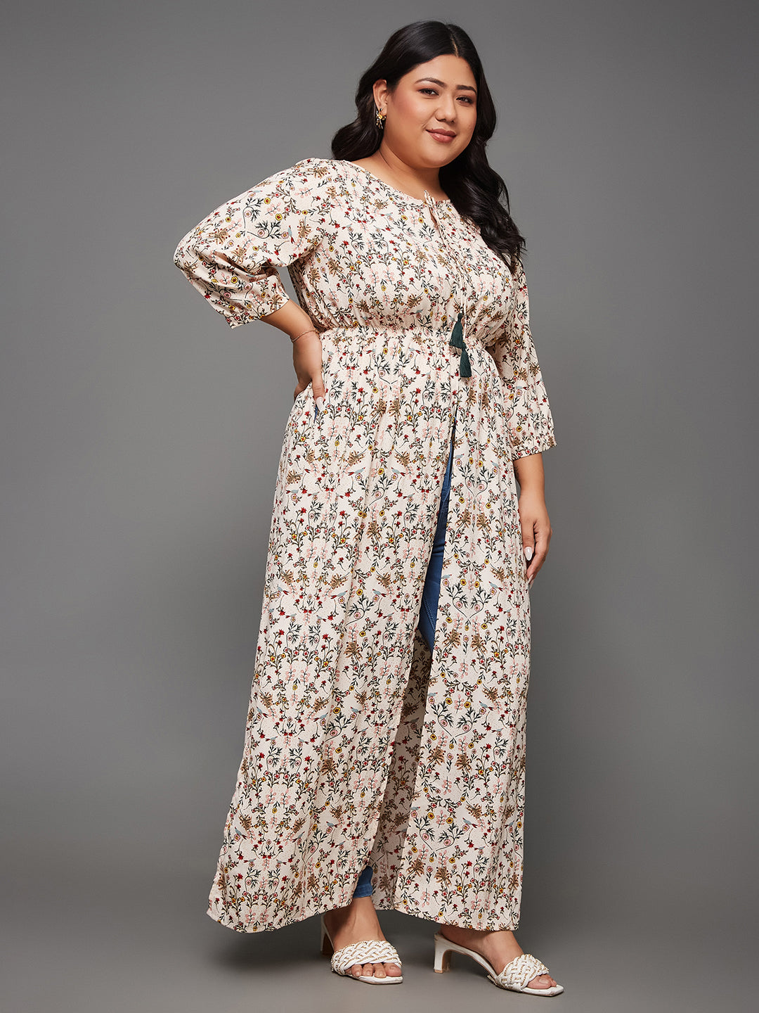 Multicolored Round Neck 3/4 Sleeve Floral Tie-Up Tassel Detailing Front Slit Maxi Top for Women