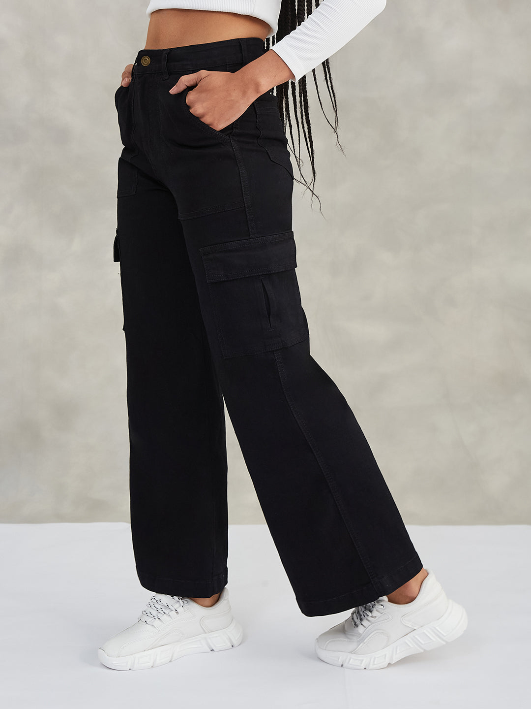 Women's Black Wide-Leg High-Rise Stretchable Denim Jeans