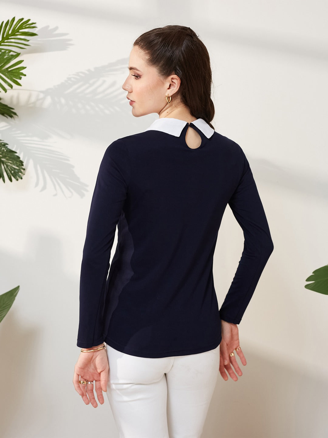 Navy Blue Collared Round Neck Full Sleeve Cotton Solid Buttoned Top for Women