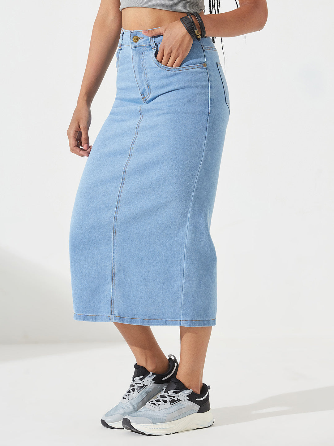 Light Blue Straight High-Rise Midi Stretchable Denim Skirt for Women — Dolce Crudo