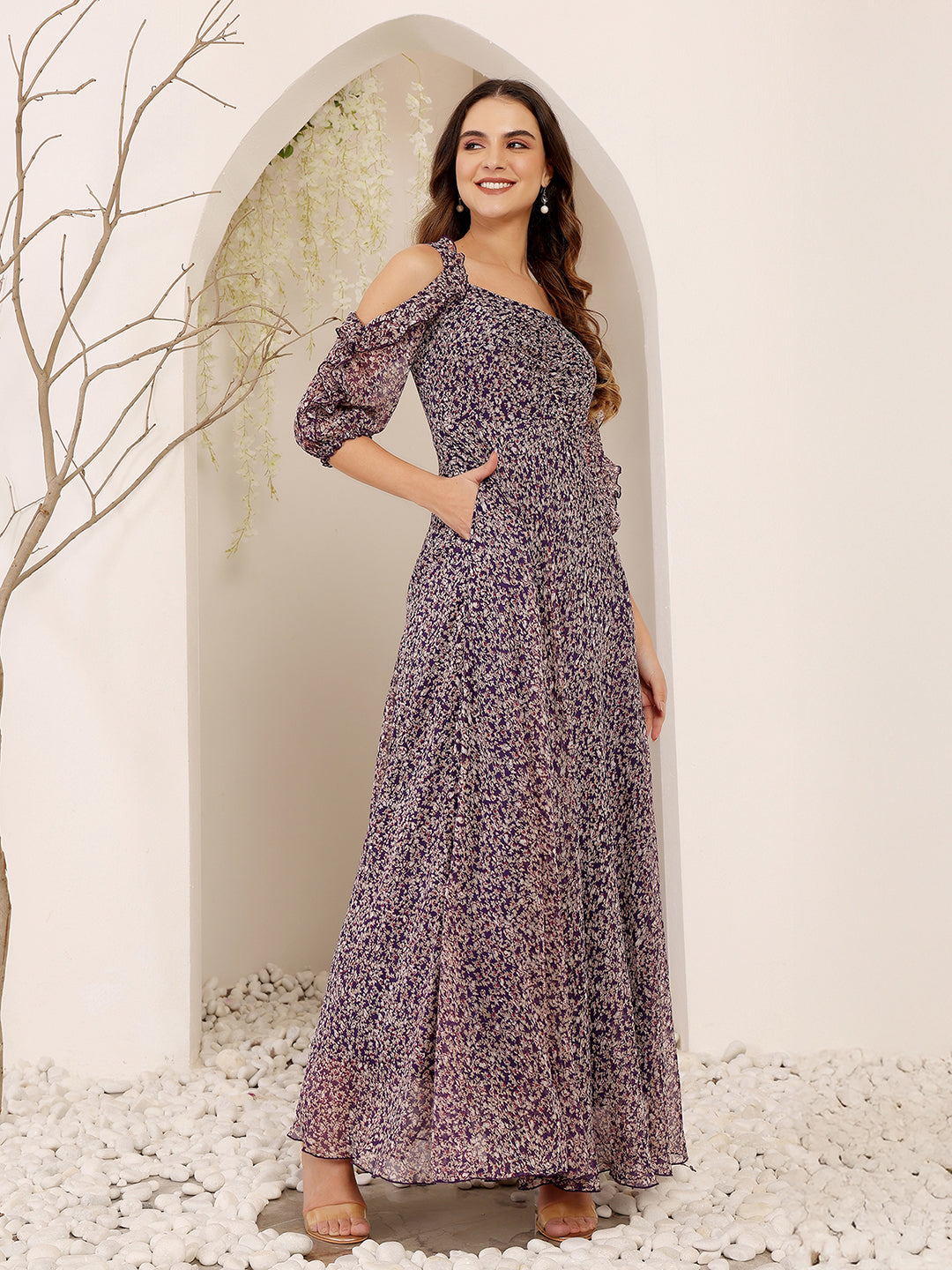Women's Multicolored-Base-Purple Sweetheart Cold Shoulder Floral Ruched Chiffon Maxi Dress