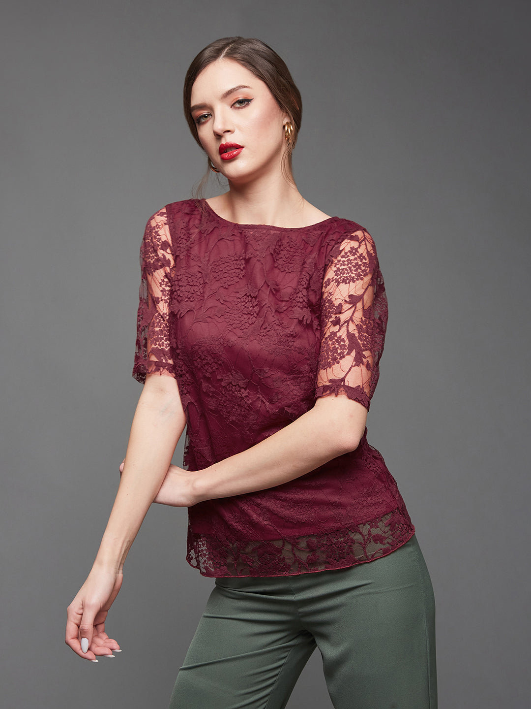 Women's Maroon Relaxed Fit  Regular Lace Top