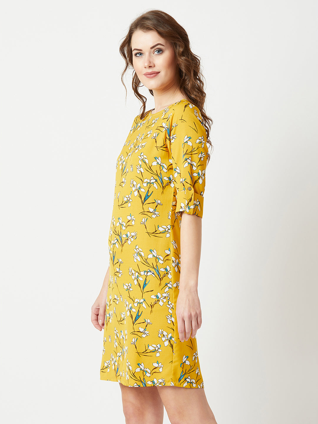 Women's Multicolored With A Yellow Base Round Neck 3/4 Sleeve Floral Knee-Long Shift Dress