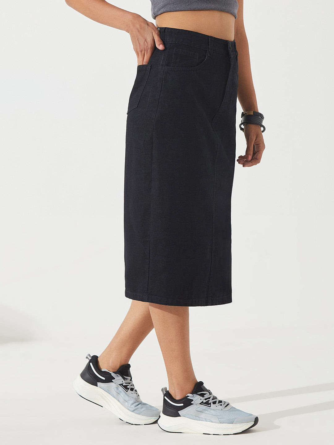 Black Straight-Fit High-Rise Stretchable Denim Midi Skirt for Women