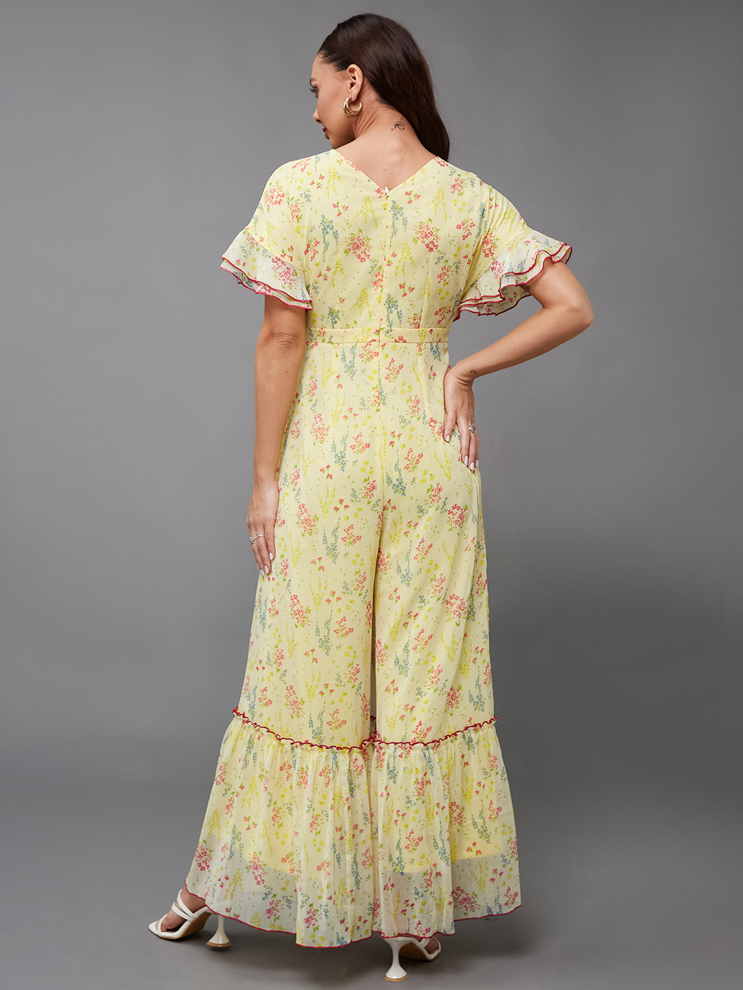 Women's Multicolored-Base-Lime Yellow V-Neck Half Sleeve Floral Wrap Regular-Length Chiffon Jumpsuit