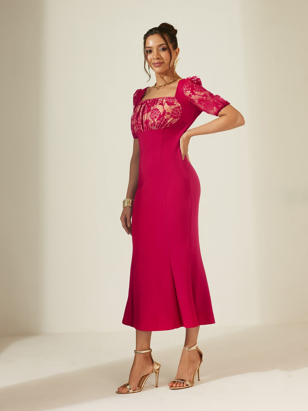 Dark Pink Square Puff Sleeve Solid Lace Overlaid Ankle Length Dress for Women