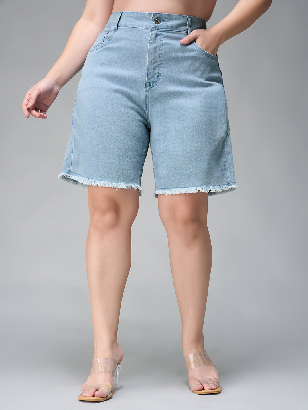 Women's Light Blue Regular High Rise Clean Look Above Knee Stretchable Denim Shorts