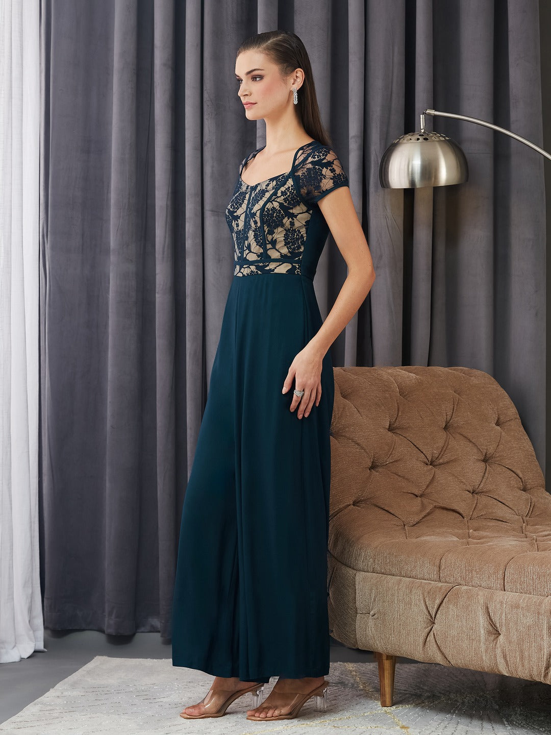 Teal and Beige Sweetheart Neck Raglan Sleeve Floral Lace Overlaid Jumpsuit for Women for Women