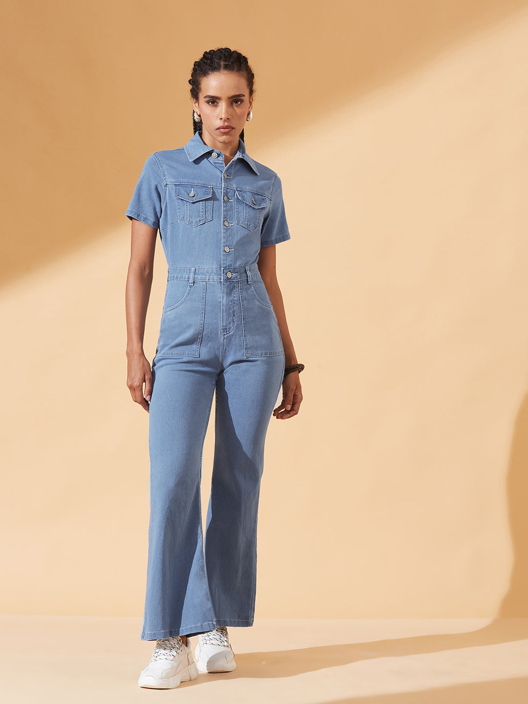 Light Blue Flared High-Rise Stretchable Denim Jumpsuit for Women