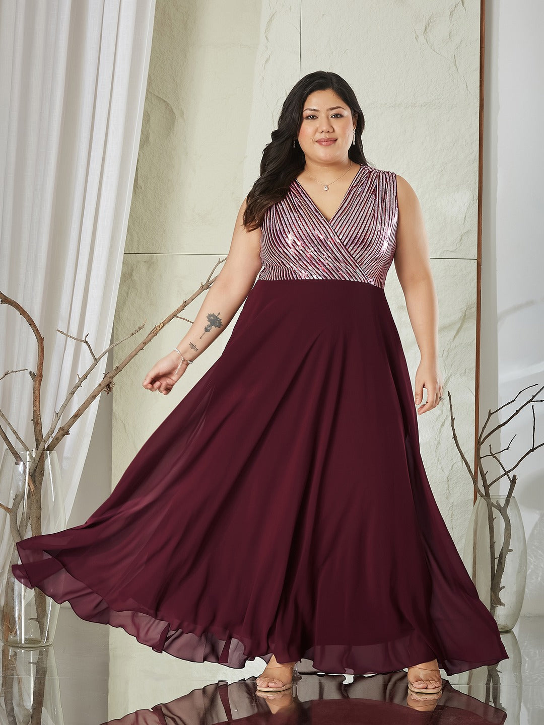 Wine V-Neck Sleeveless Embellished Wrap-Styled Maxi Georgette Dress for Women