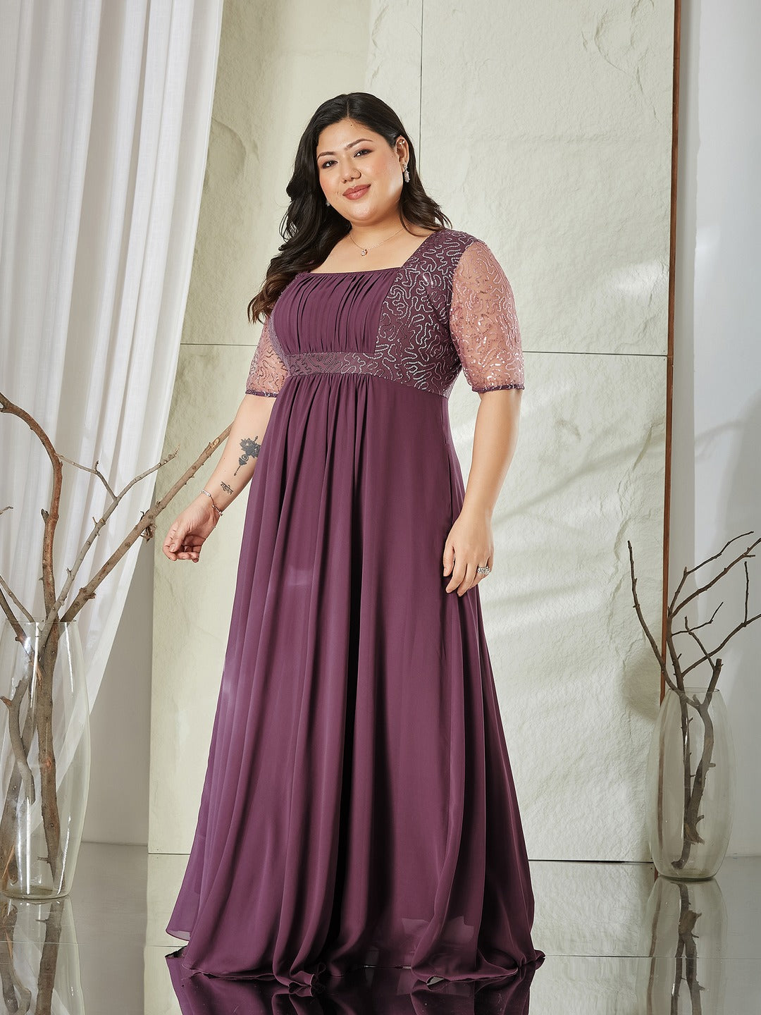 Mauve Square Neck Half Sleeve Solid Embellished Maxi Dress for Women