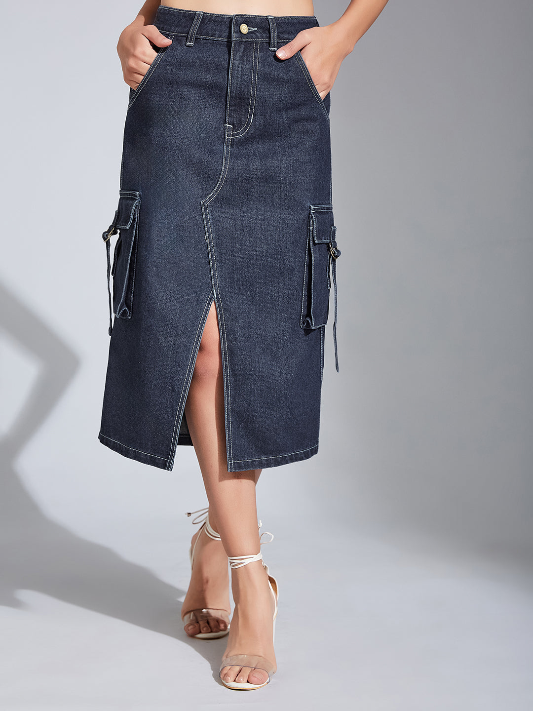 Women's Navy Blue Straight High-Rise Clean-Look Midi Denim Skirt