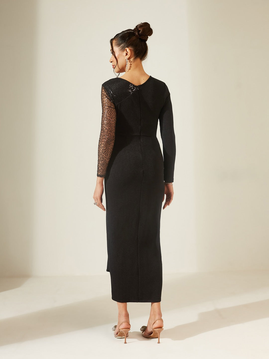 Black V-Neck Full Sleeve Embellished Pleated Longline Dress for Women