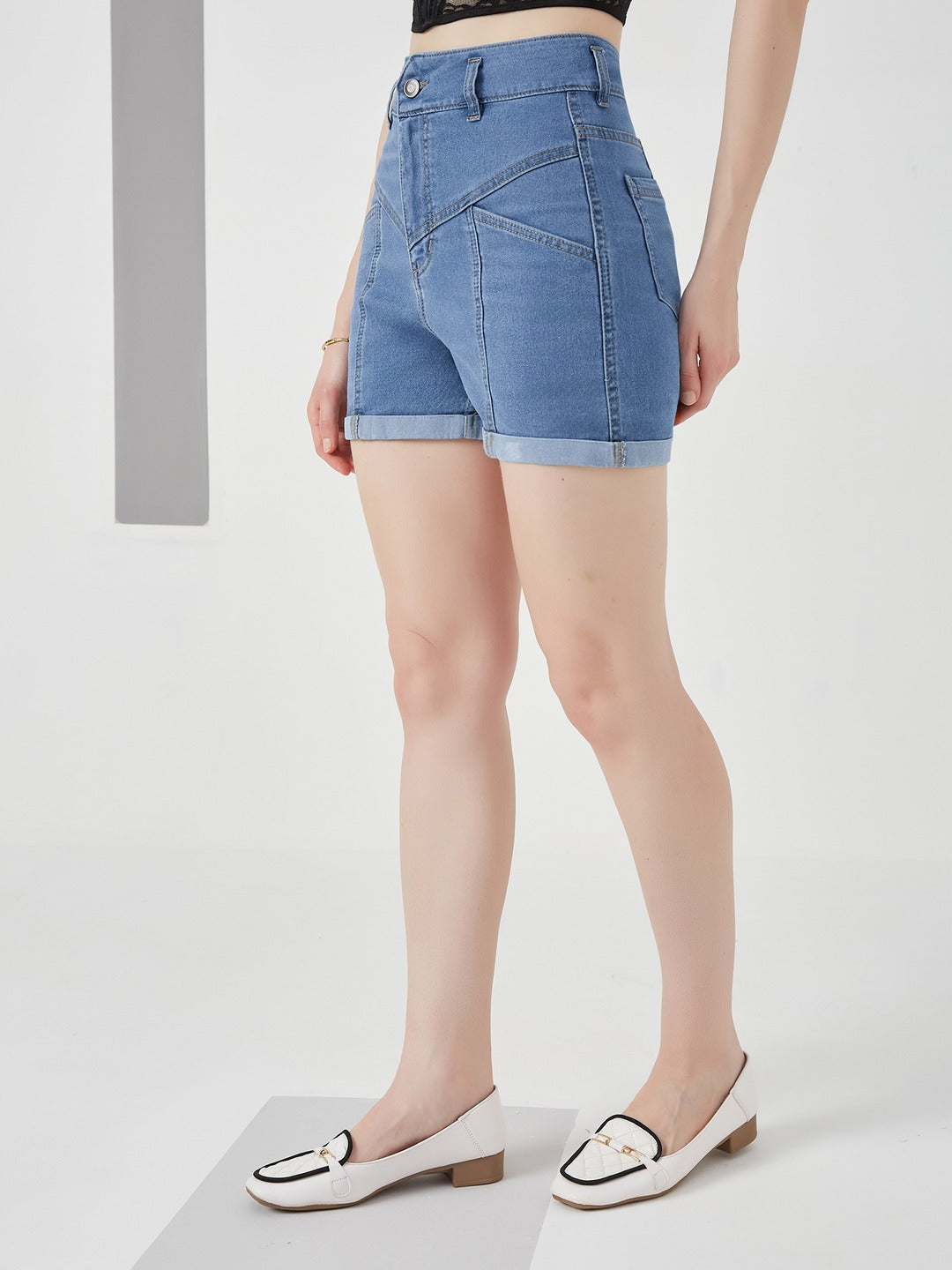 Blue Relaxed-Fit High-Rise Stretchable Blue Denim Shorts for Women
