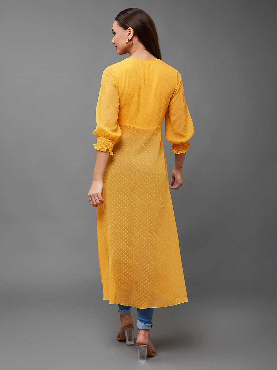 Mustard Yellow V-Neck 3/4 Sleeves solid empire Maxi Top for Women