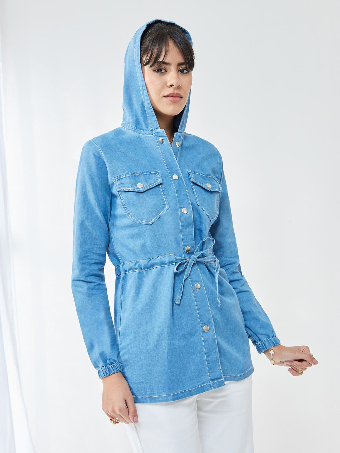 Light Blue Round Neck Full Sleeve Solid hoody with tie-up Long Denim Jacket for Women
