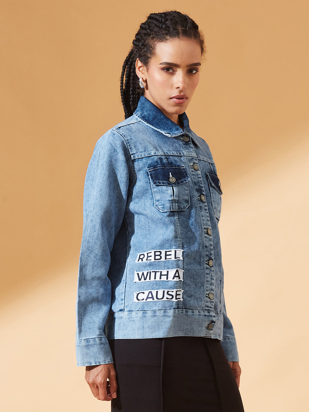 Light-Blue Polo Neck Solid Full Sleeve Bomber Jacket for Women
