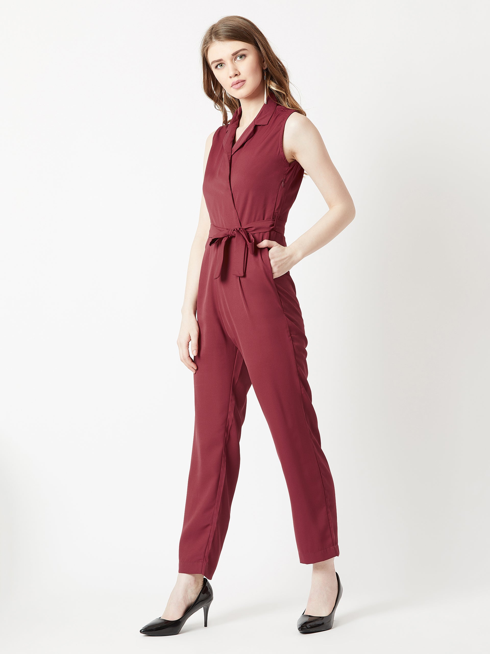 Women's Maroon V-Neck Sleeveless Straight Leg Tie-Up Solid Belted Wrap Jumpsuit