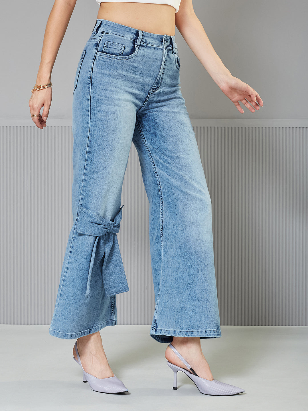 Light Blue Statement Bow Wide-Leg High-Rise Stretchable Denim Jeans for Women