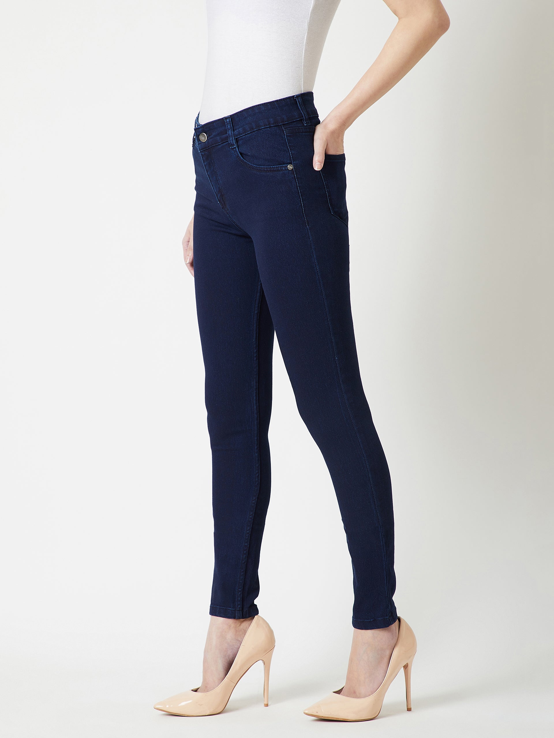 Women's Navy Blue Skinny Fit Mid Rise Clean Look Regular Length Stretchable Denim Jeans