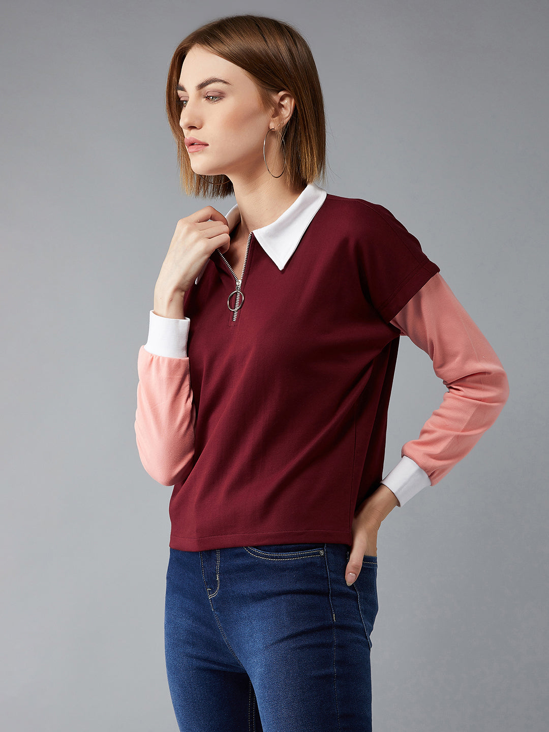 Women's Multicoloured- Base-Maroon Round Neck Full Sleeves Solid Color Block Regular Length Boxy Sweatshirt