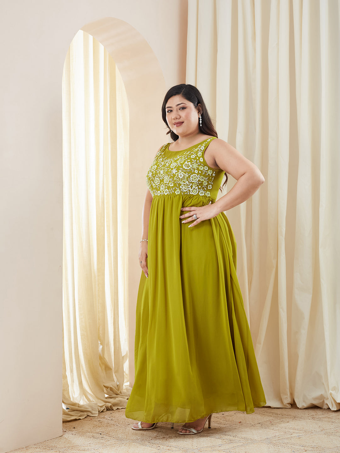 Lemon Green Boat-Neck Sleeveless Embroidered Georgette Gathered Maxi Dress for Women — Miss Chase A+