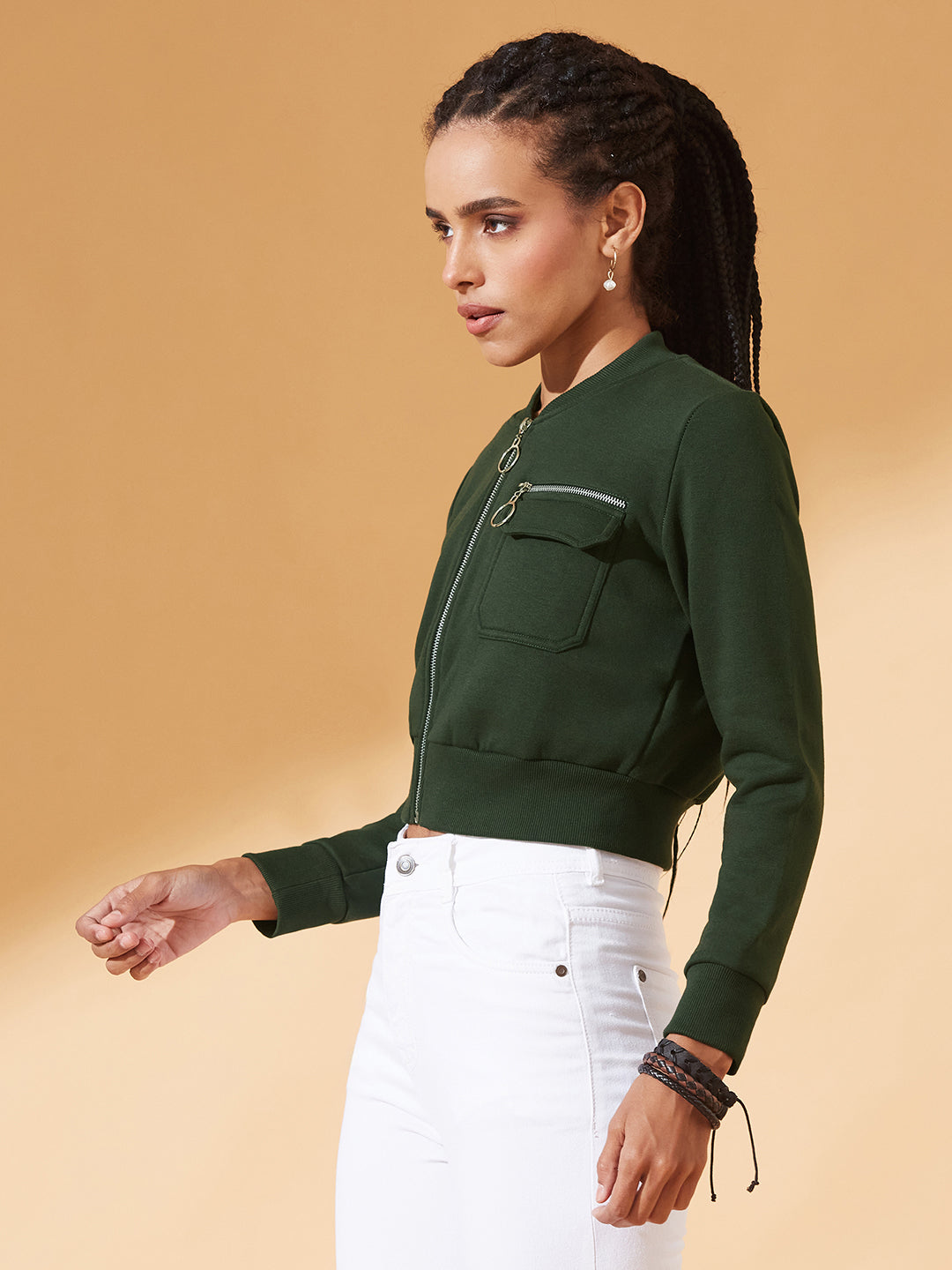 Green Stand Collar Full Sleeves Cotton Boxy/Bomber Cropped Jacket for Women