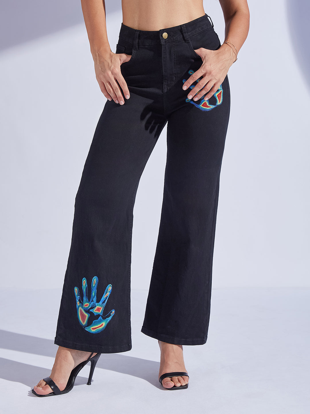 Women's Black Wide-Leg High-Rise Hand Painted Skeleton Art Stretchable Denim Jeans