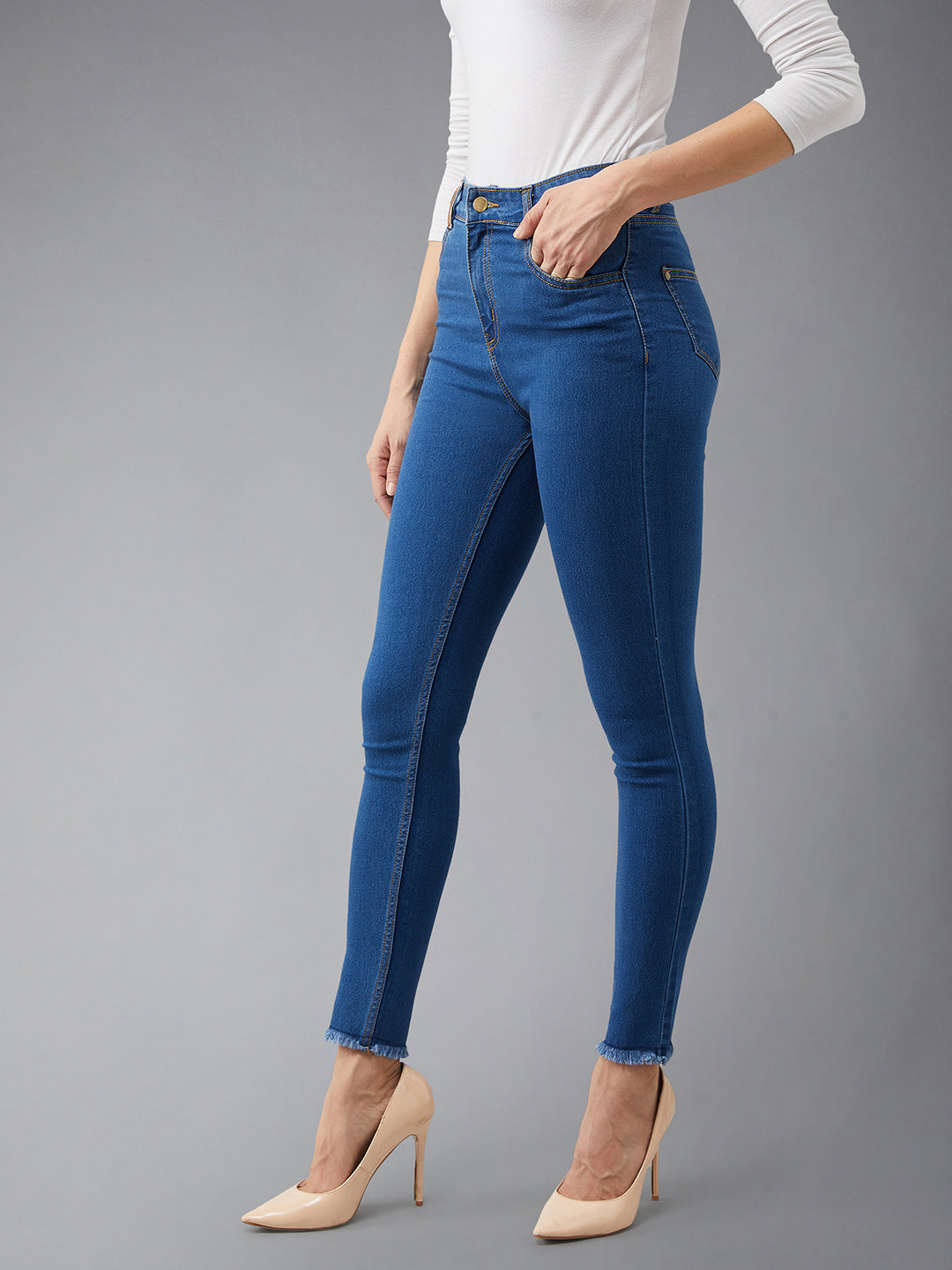 Women's Blue Skinny Fit High Rise Cropped Denim Stretchable Jeans