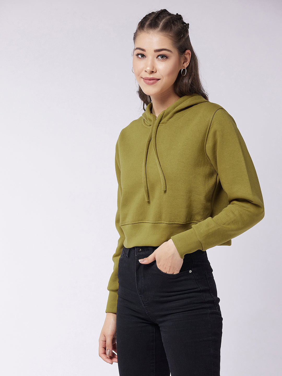 Women's Olive Round Neck Full Sleeve Solid Hooded Crop Sweatshirt