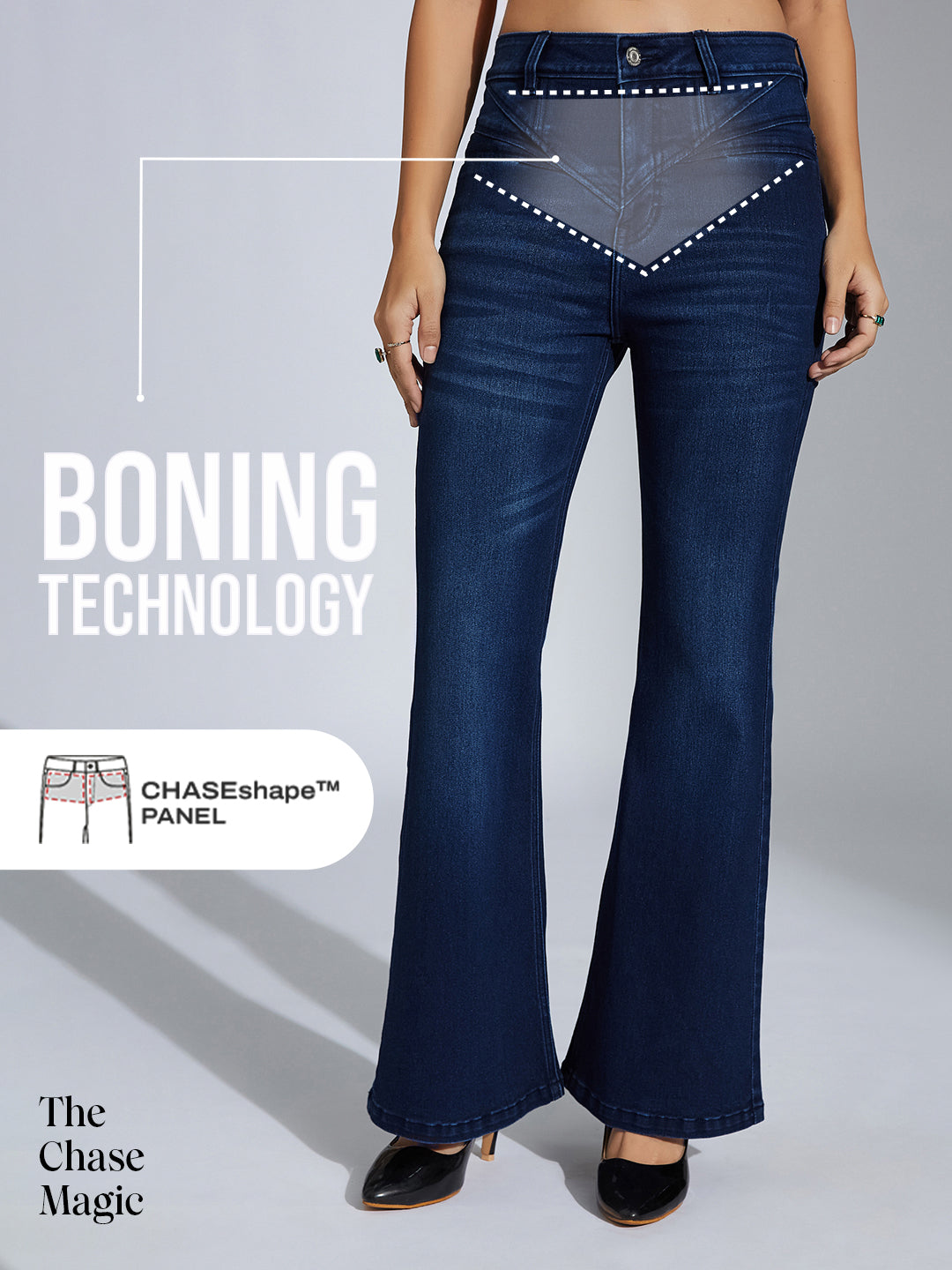 Tummy Smoothening Light-Shaping Bootcut High-Rise Navy Blue Denim Jeans with Boning Technology